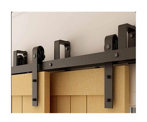 Bypass Barn Door Hardware Kit For Double Doors With J Shaped Rollers And Quiet Glide, mounted on wooden panels