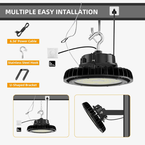 UFO LED High Bay Light 150W 170LM/W 25,500LM DLC Listed 0-10V Dimmable with 6.56ft US Plug and rotatable bracket