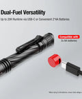 P2 Tactical Pen Light With 1000 Lumens, 886ft Throw, USB-C Rechargeable Or 2AA Compatible, showing USB-C and battery options