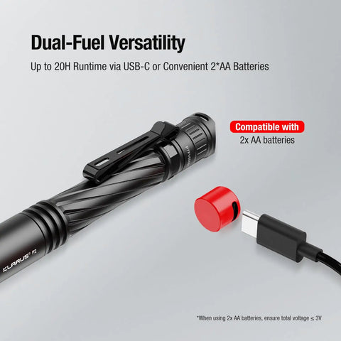 P2 Tactical Pen Light With 1000 Lumens, 886ft Throw, USB-C Rechargeable Or 2AA Compatible, showing USB-C and battery options
