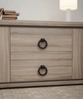 Close-up of cabinet with Black Cast Iron Cabinet Drawer Ring Pull, Mission Style Antique Drop, 1-7/8 Inch Swing Ring