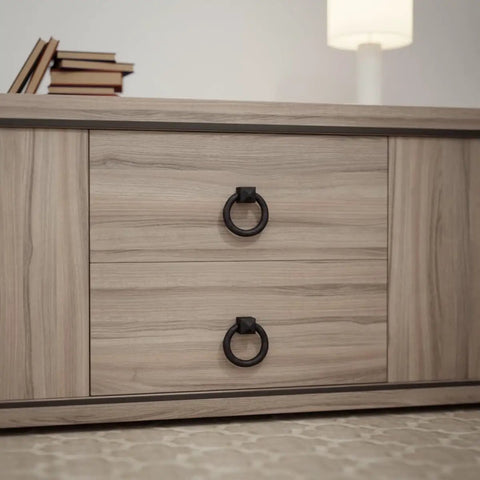 Close-up of cabinet with Black Cast Iron Cabinet Drawer Ring Pull, Mission Style Antique Drop, 1-7/8 Inch Swing Ring