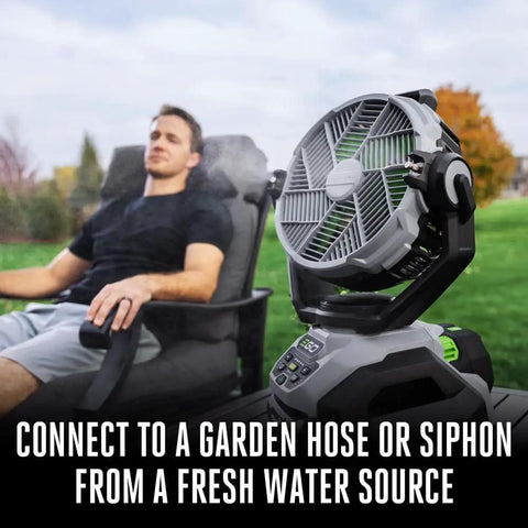 Man relaxing on a chair with Beast 10 Inch Oscillating Misting Fan With 1700 CFM And 20 MPH Air, Six Speed Settings, in front.