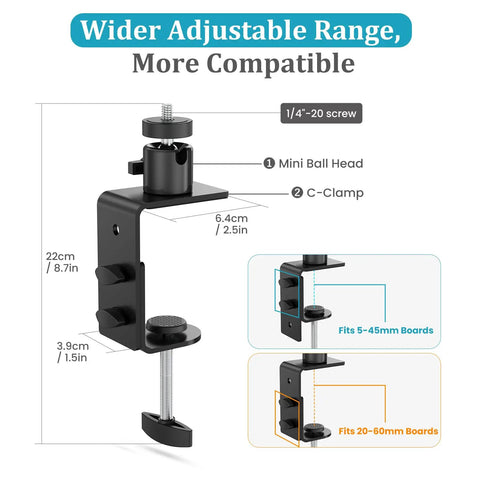 C Clamp Mount With 360 Degree Ball Head And 1/4-20 UNC Screw Adapter For Cameras And Solar Panels, 22cm black clamp