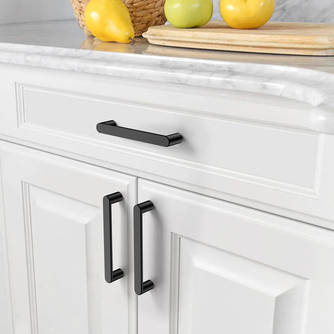 10 Pack Matte Black 5 Inch Hole Center Kitchen Cabinet Pulls ZH0005MB Modern Hardware installed on white drawer and cabinet