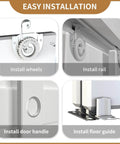 Installation steps for Bypass Sliding Door Hardware Kit 72 Inch Track Set For Wardrobe Closet Doors: wheels, rail, handle, floor guide.