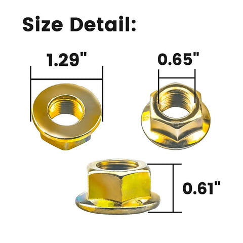 Tough As Nails Hex Flange Nuts For Lawn Mower Blade Spindle Swap Fits Cub Cadet MTD Craftsman Troy Bilt size details, 1.29" and 0.61" shown.