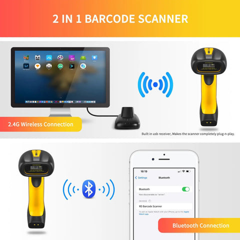 Rugged Industrial Bluetooth Barcode Scanner With Charging Dock, 2D And 1D Wireless Reader next to computer and smartphone.