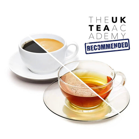 Two cups of coffee and tea with UK Tea Academy recommended stamp.