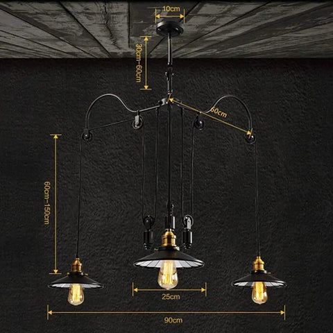 Kick Up Your Style With Adjustable Height Retractable Pulley System Vintage Black Metal Chandelier Ceiling Lamp dimensions and design.