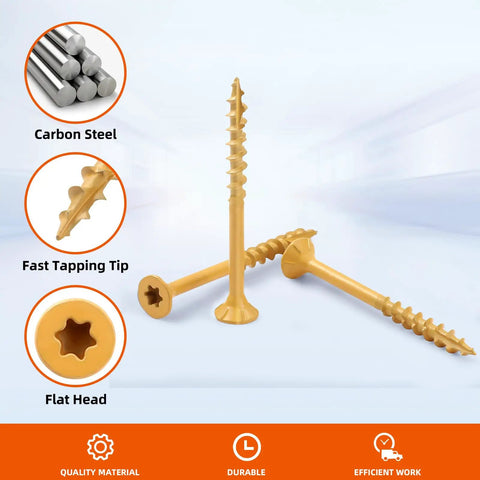 Tan Coated Outdoor Deck Screws 8 x 1 Inch Self Tapping Wood Screws With Torx Star Drive Coarse Threads For Exterior Use 200 Pack Includes T25 Drive Bit Rust Resistant And Easy To Install.