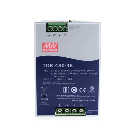 Beefy 480W 48V 10A Three Phase DIN Rail Power Supply With PFC Wide 340 To 550VAC Input Built In Short Circuit Overload Overvoltage And Over Temperature Protection Ideal For Semiconductor Manufacturing And Factory Automation, front view