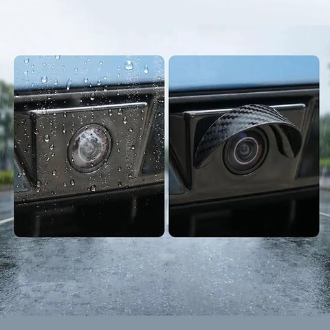 Four Piece Backup Camera Rain Shields For Tesla Cybertruck showing rain droplets on the lens protector and clear camera view.