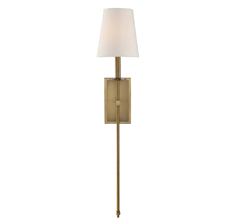Boho Vintage Soft White Fabric Wall Sconce With One Light, Dimmable 60W, Warm Brass Finish, 34-Inch Tall, E12 Base, front view