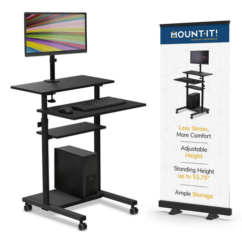 Mobile Computer Cart With Monitor Mount For 32 Inch Screens Rolling Laptop Stand On Wheels Height Adjustable From 37.25 To 53.75 Inches Includes Keyboard Tray Ideal For Classrooms And Offices