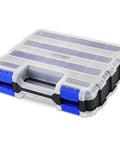 34 Compartment Double Sided Parts Organizer Box With Removable Dividers Durable Blue Storage Case for small hardware, closed view