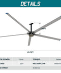 Industrial Grade Outdoor Ceiling Fan With Brushless Dc Motor And Five Solid Aluminum Alloy Blades serving air movement, 23.79FT span.