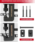 DAYUANTOOLS 13-piece motorcycle chain breaker set; front view shows clamp-style tool with chain and riveter components.