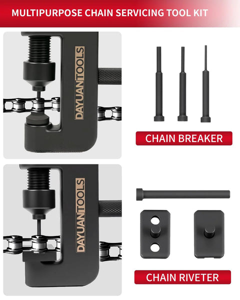 DAYUANTOOLS 13-piece motorcycle chain breaker set; front view shows clamp-style tool with chain and riveter components.