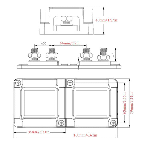 Heavy Duty 400 Amp 12V Bus Bar With Real Deal Copper Terminals For Multiple Battery Banks Marine Ready dimensions and screw details.