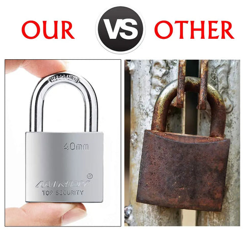 Comparison of a new 40mm padlock and a rusty old padlock side by side.