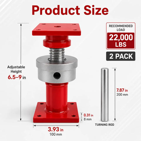 Badass Two Piece Adjustable Screw Jack Post Set For Foundation Leveling With Heavy Duty Red Brackets And Sturdy Wrenches, 6.5-9 in height.