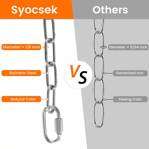 Comparison of 6 Feet Lightweight Stainless Steel Chain With Hooks One Eighth Inch Thin Links and galvanized iron chain with dimensions
