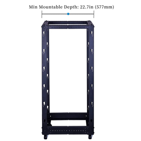 Heavy Duty 25U Open Frame Server Rack With Smooth Rolling Caster Wheels And Adjustable Depth Built Like A Tank From Cold Rolled Steel For Zero Hassle Network Gear Mounting And Quick Shop Transfers
