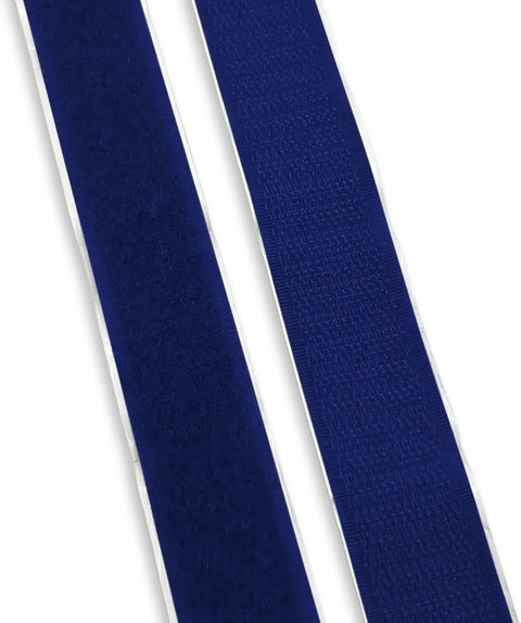 One Inch Wide Navy Hook And Loop Self Adhesive Tape Heavy Duty Blue Fastener Strips for crafts and repairs, showing fabric texture.