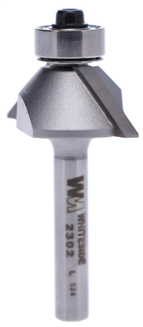 Pro Grade Carbide Chamfer Router Bit 45 Degree Bevel With Five Eighths Inch Cutting Length, One Quarter Inch Shank front view