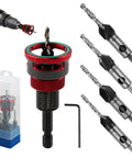 Badass Seven Piece Countersink Drill Bits Kit Featuring Four Flute HSS Tapered Heads And Adjustable Aluminum Depth Stop Collar For Sweet Softwood Cutting Plus Hex Shank Adapter And Rugged Carrying Case with drill and bits.