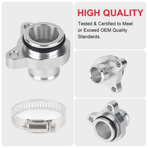 BMW Aluminum Water Hose Fitting Upgrade For 1 Series 3 Series 5 Series 6 Series 7 Series And Z4 With 3L N54 N53 N52 N51 Engines Replaces 11537541992 And 11537544638 Coolant Hose Flange Direct Fit, showing high-quality aluminum fitting and clamp.