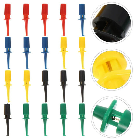 Color Coded Test Clip Probes For Multimeter Set 20 PCS Mini Grabber Leads with close-up of spring loaded clip details