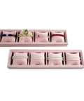 Two Pack Four Compartment Jewelry Organizer Tray In Grey Velvet With Soft Foam Bases That Keep Watches And Bracelets Secure Slick Display Holder To Store Your Dope Collection Crisp And Scratch Free, displaying bracelets.