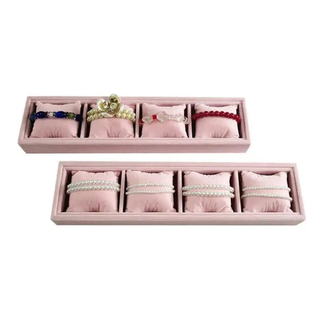 Two Pack Four Compartment Jewelry Organizer Tray In Grey Velvet With Soft Foam Bases That Keep Watches And Bracelets Secure Slick Display Holder To Store Your Dope Collection Crisp And Scratch Free, displaying bracelets.