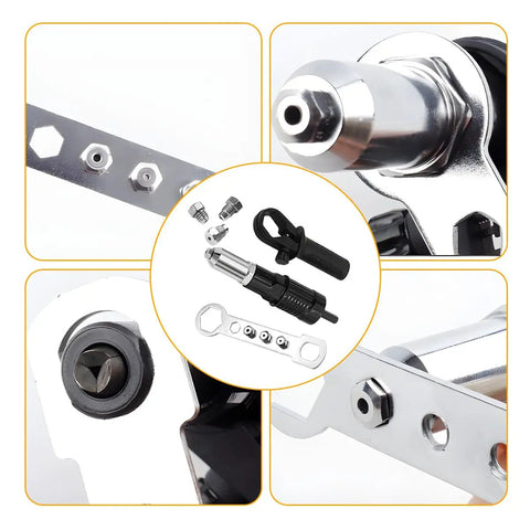 Electric Rivet Gun Adapter Kit For Drills With 4 Riveting Heads DIY, detail of aluminum alloy head and attachments