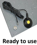 ESD Safe Anti Static Floor Mat With Grounding Cable for Soldering and Assembly, 0.12 inch thick, gray speckled surface, corner view.