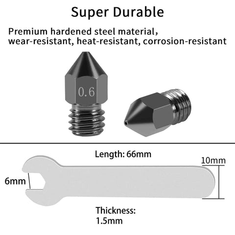 Five Pack 0.6mm Hardened Steel MK8 Nozzles For 3D Printing with flat wrench, wear-resistant, fits Ender 3 Pro and V2, Prusa I3
