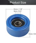 Top Shelf Blue Polyurethane Roller Idler Pulley Wheel Loaded With Tough 608RS Ball Bearings For Silky Smooth Sliding Doors And Heavy Duty Furniture Hardware Two Pack with size dimensions.