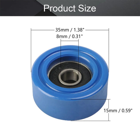 Top Shelf Blue Polyurethane Roller Idler Pulley Wheel Loaded With Tough 608RS Ball Bearings For Silky Smooth Sliding Doors And Heavy Duty Furniture Hardware Two Pack with size dimensions.