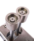 Close-up of durable metal rollers on a Three Station Edge Roller Bender for metal bending, adjustable from zero to ninety degrees.