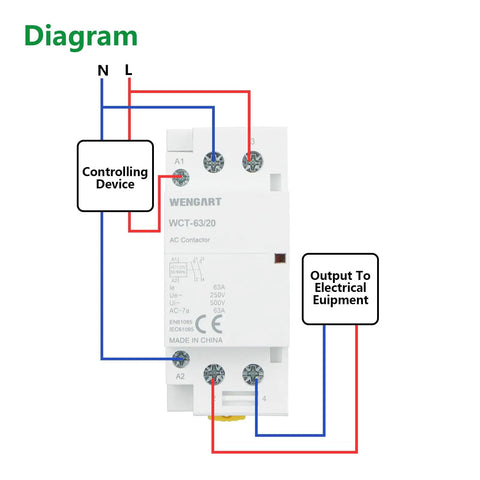 Diagram showing wiring for Built Like A Tank 63A AC Contactor With 2 Pole 2NO Layout And 120V Coil DIN Rail Mount switch.