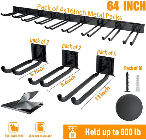 Heavy Duty Steel Garage Wall Mount Tool Organizer with 8 mixed hooks shown in 64-inch pack, features rust and scratch resistance