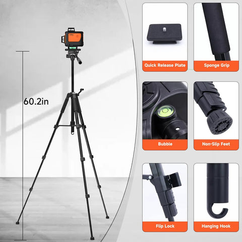 4D Laser Level With Tripod And Dual Batteries 360 Self Leveling Green Beam For Construction Worksite showing components and features