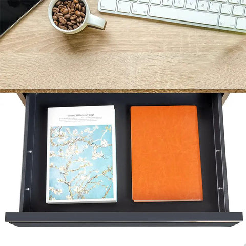 Under Desk Drawer Organizer 18 Inch Pull Out Storage Mounted Under Desk with books and notebook inside, black, easy glide