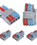 Quick Lever Push In Wire Splitter Connector Two In Four Out Heavy Duty Copper Core Terminal Block shown from multiple angles.