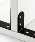 Close-up of black-coated stainless steel L right angle bracket with 1.57 inch sides for shelves and cabinets, includes 80 screws.