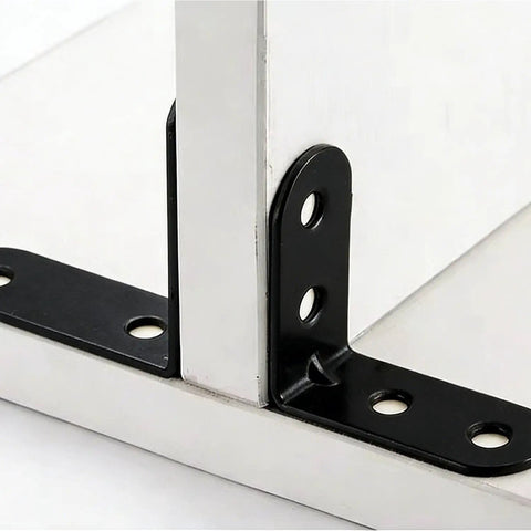 Close-up of black-coated stainless steel L right angle bracket with 1.57 inch sides for shelves and cabinets, includes 80 screws.