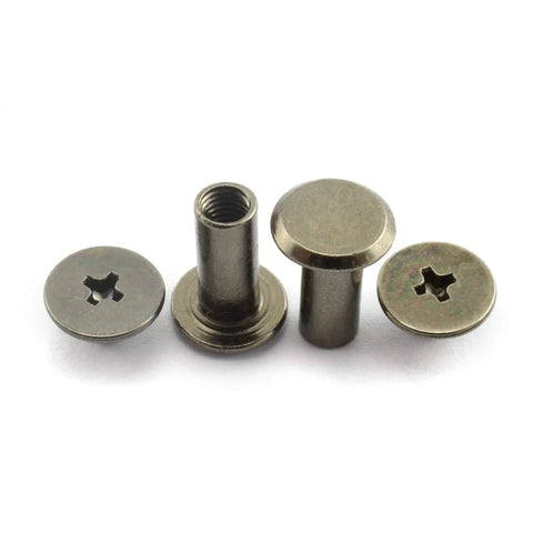 Pack Of 50 Black Chicago Screws Phillips Drive Binding Bolts Copper Plated Steel Rivets For Leather Crafting And Bookbinding showing various angles.
