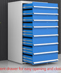 Heavy Duty Steel Tool Cabinet Shop Grade Rolling Cart Pro Built With Thirteen Wide Drawers showing blue drawers for easy access.